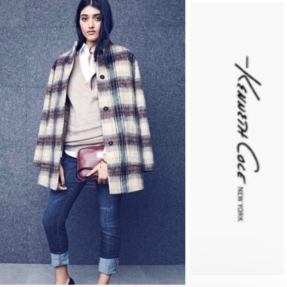 Kenneth Cole NY Wool Blend Plaid Coat Snap Closure Collar Women Sz L  NWT - Picture 13 of 15